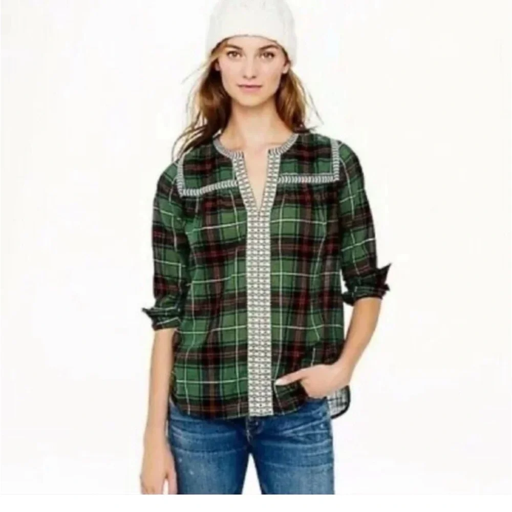 J. Crew Green Plaid Blouse with White Accents
